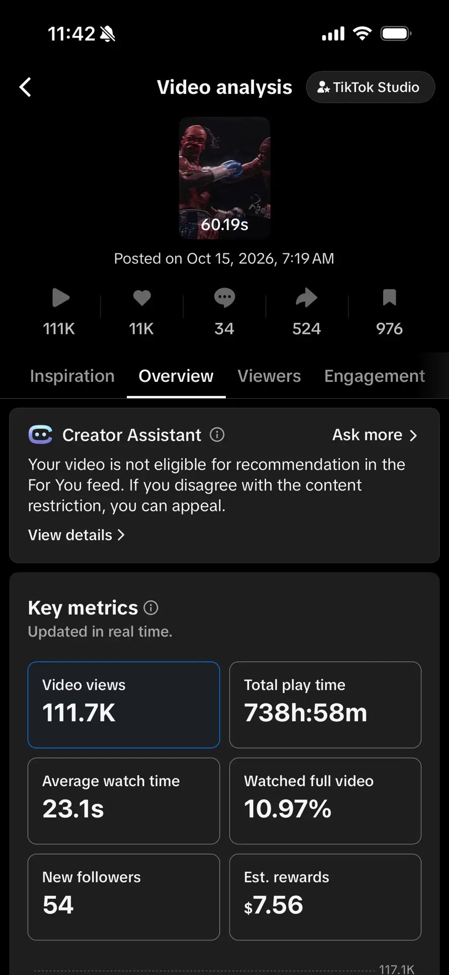 TikTok Studio video analysis: posted Oct 15 2026, 111.7K video views, 11K likes, 34 comments, 524 shares, 976 saves, 738h 58m total play time, 23.1s average watch time, 10.97% watched full video, 54 new followers