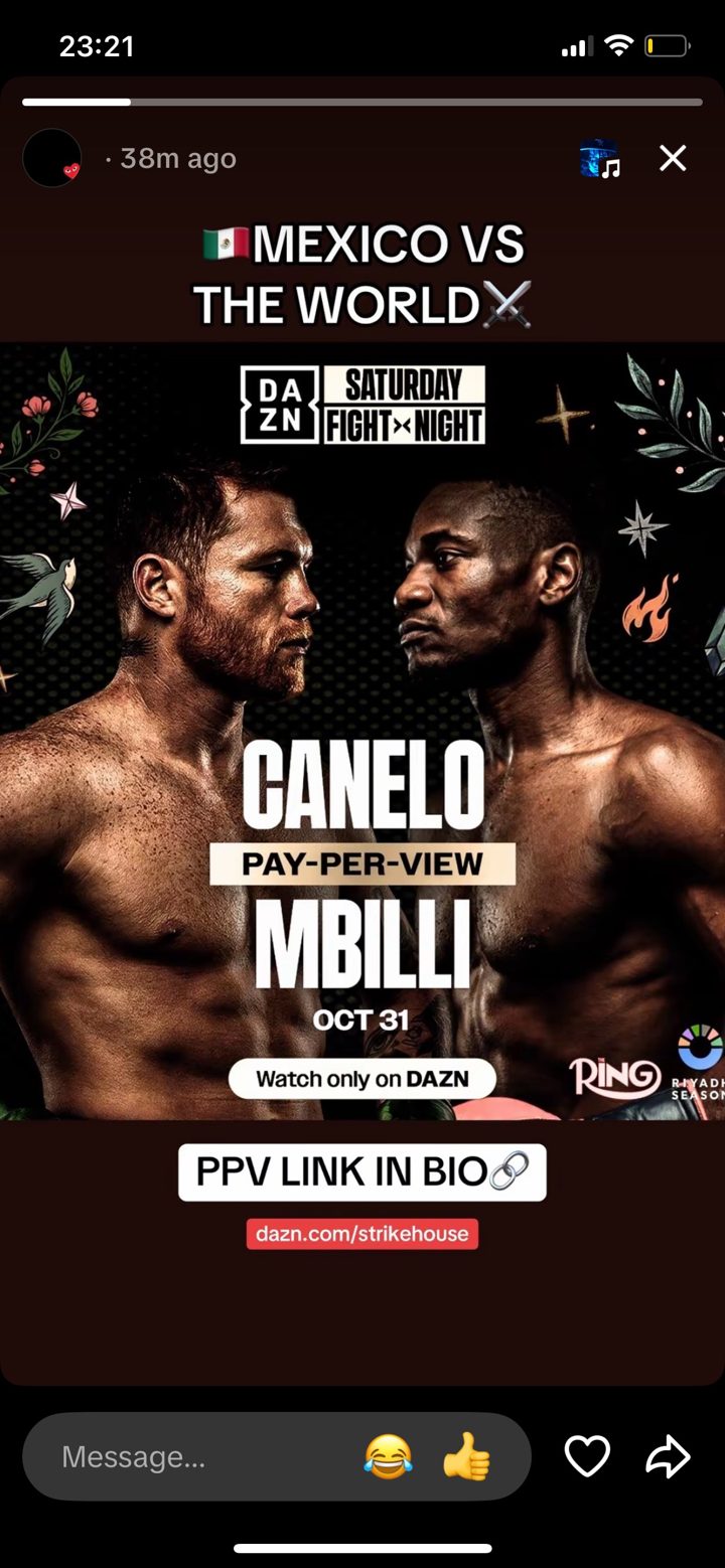 Instagram story from Damien, @caneioalvarez, DAZN Canelo vs Mbilli poster, caption Mexico vs the world, PPV link in bio, with a dazn.com/strikehouse link sticker