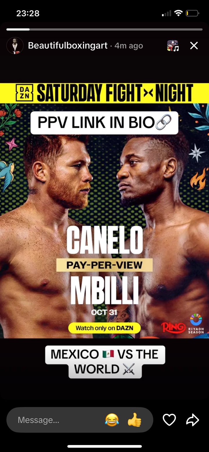 Instagram story from Beautifulboxingart, DAZN Canelo vs Mbilli poster, caption PPV link in bio, Mexico vs the world