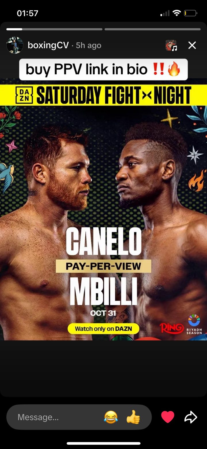 Instagram story from boxingCV, DAZN Canelo vs Mbilli poster, caption buy PPV link in bio