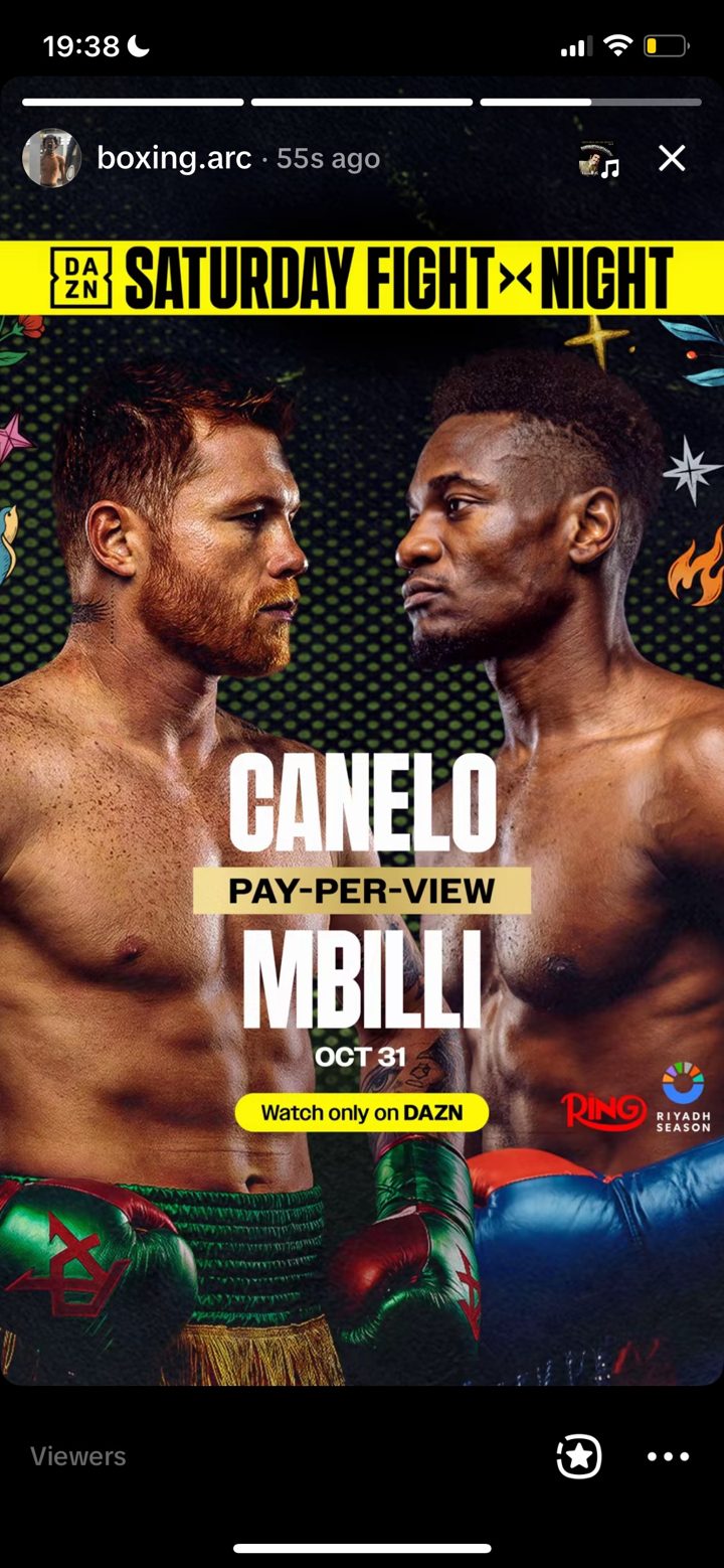 Instagram story from boxing.arc, DAZN Canelo vs Mbilli Saturday Fight Night pay-per-view key art
