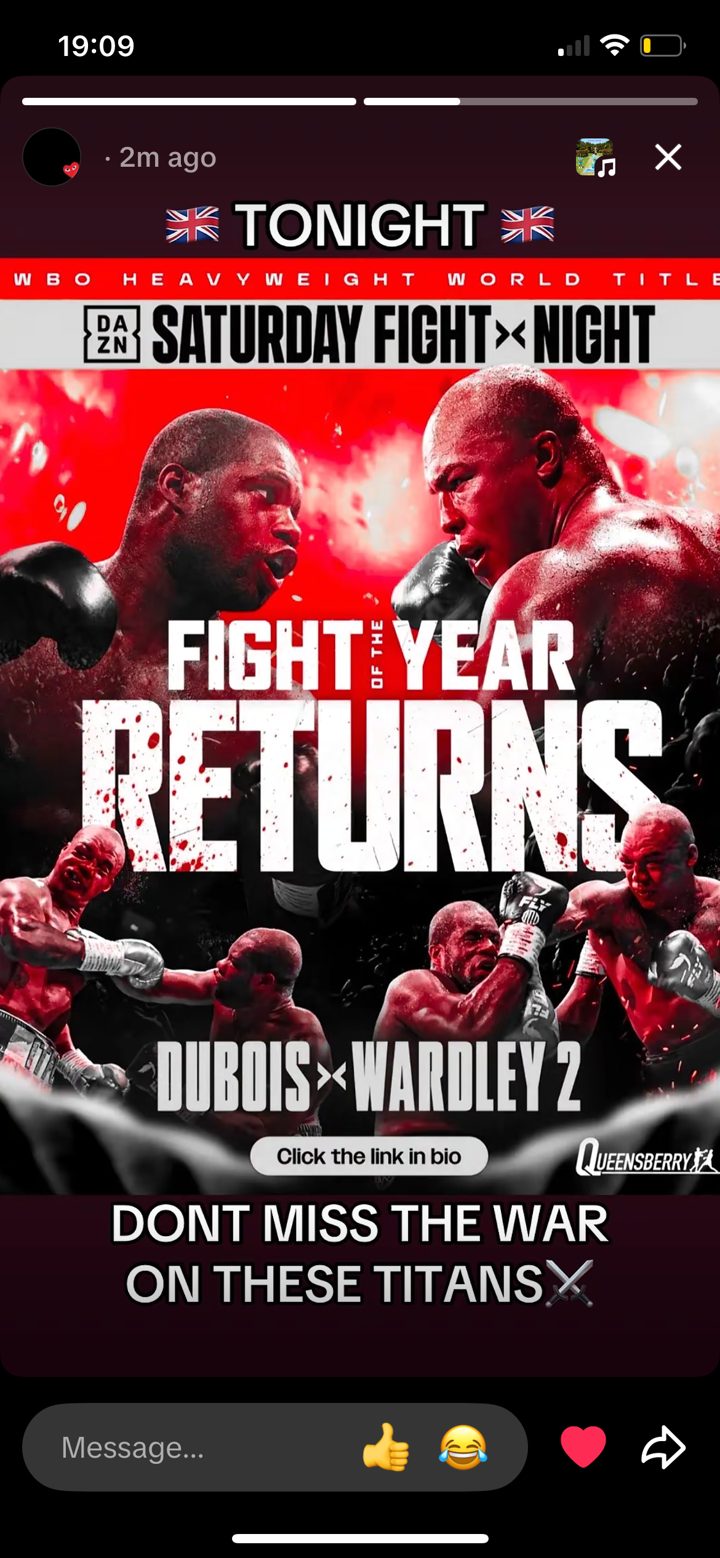 Instagram story from Damien, @caneioalvarez, DAZN Dubois vs Wardley 2 poster, caption tonight, don't miss the war on these titans